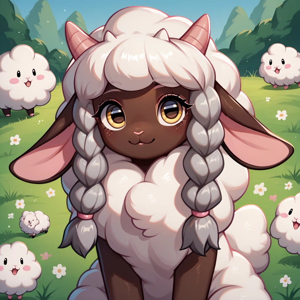 score_9, score_8_up, score_7_up, score_6_up, score_5_up, no humans, rating_safe, Wooloo sheep pokemon with brown fur and pink markings, long lop-eared rabbit ears with pink fingertips and pink stripes, three forehead horns, adorable, outdoor background

