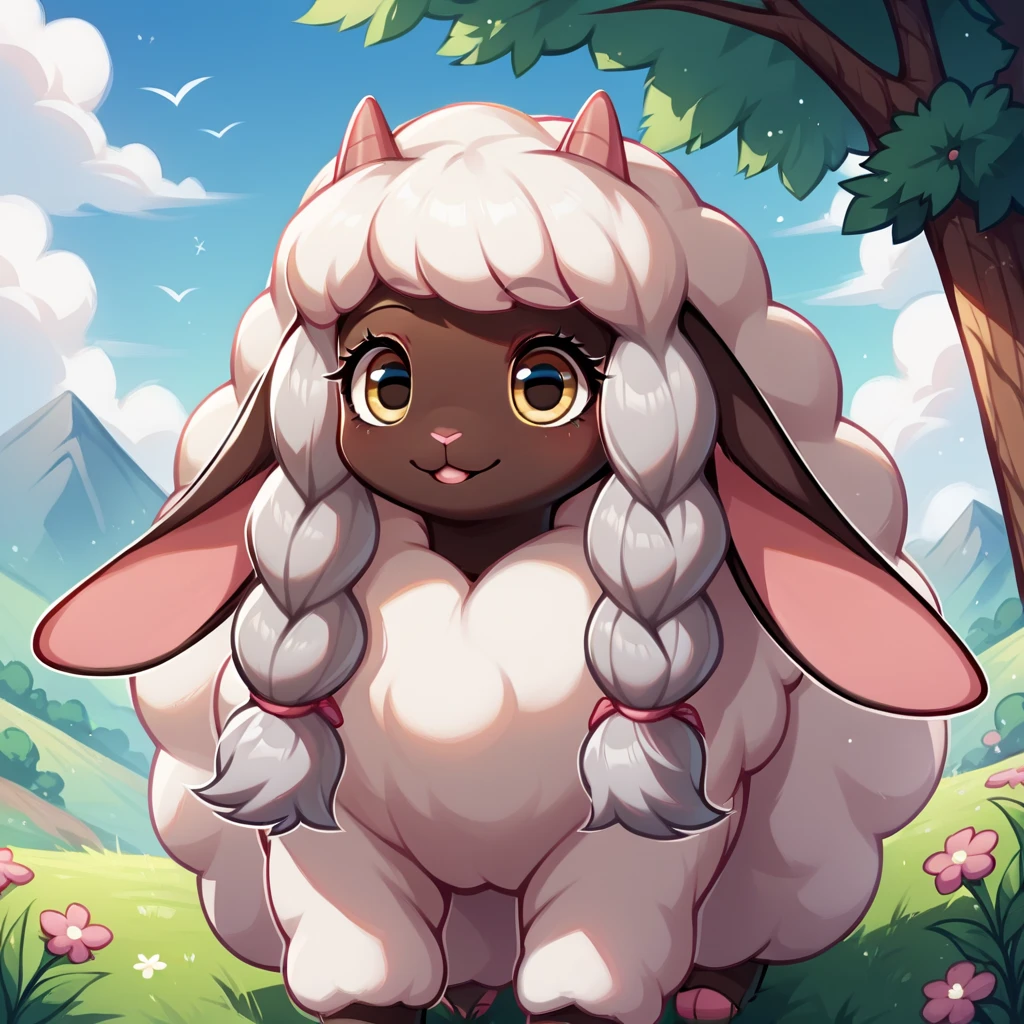 score_9, score_8_up, score_7_up, score_6_up, score_5_up, no humans, rating_safe, Wooloo sheep pokemon with brown fur and pink markings, long lop-eared rabbit ears with pink fingertips and pink stripes, three forehead horns, adorable, outdoor background

