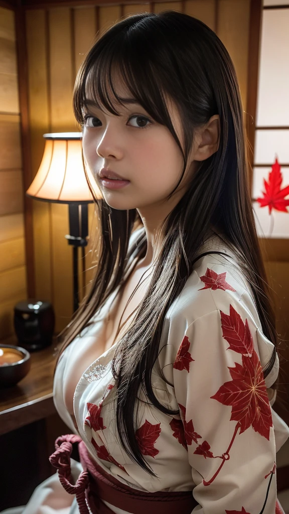chica japonesa de pie (rasgos japoneses) de piel clara,pechos medianos copa B,ojos negros,cabello largo y negro, usando un kimono rojo abierto, mostrando los pechos y vagina (bello pubico largo),en una casa japonesa de madera,