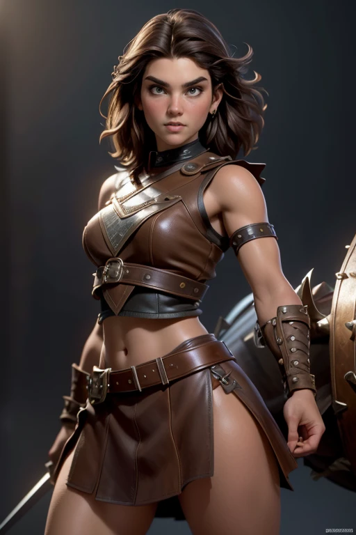  Young Viking woman , warrior, short brown hair, thick eyebrows, brown eyes, brown leather armor,  strappy leather top , fur skirt, fierce expression, heroic stance, Looking at the camera, fierce expression,  masterpiece , super detail,  lyrics,  composition epic character,  natural lighting ,  sharp focus,  ultra resolution ,  plain white background , without patterns, No textures.