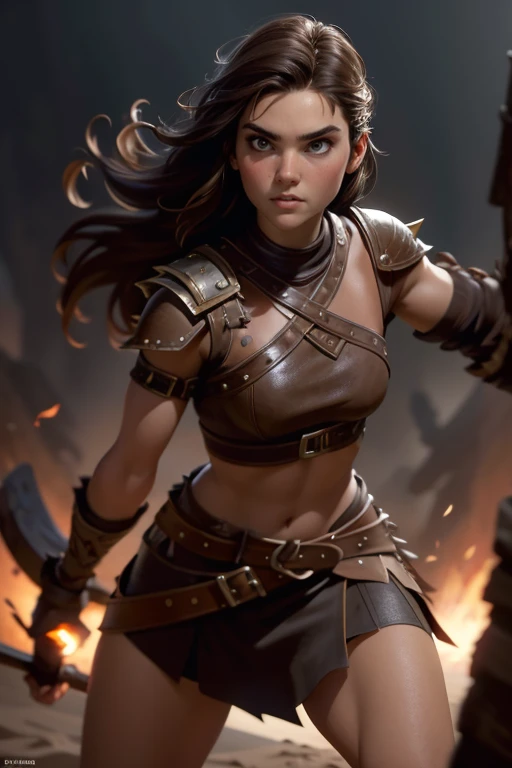  Young Viking woman , warrior, short brown hair, thick eyebrows, brown eyes, brown leather armor,  strappy leather top , fur skirt, fierce expression, heroic stance, Looking at the camera, fierce expression,  masterpiece , super detail,  lyrics,  composition epic character,  natural lighting ,  sharp focus,  ultra resolution ,  plain white background , without patterns, No textures.