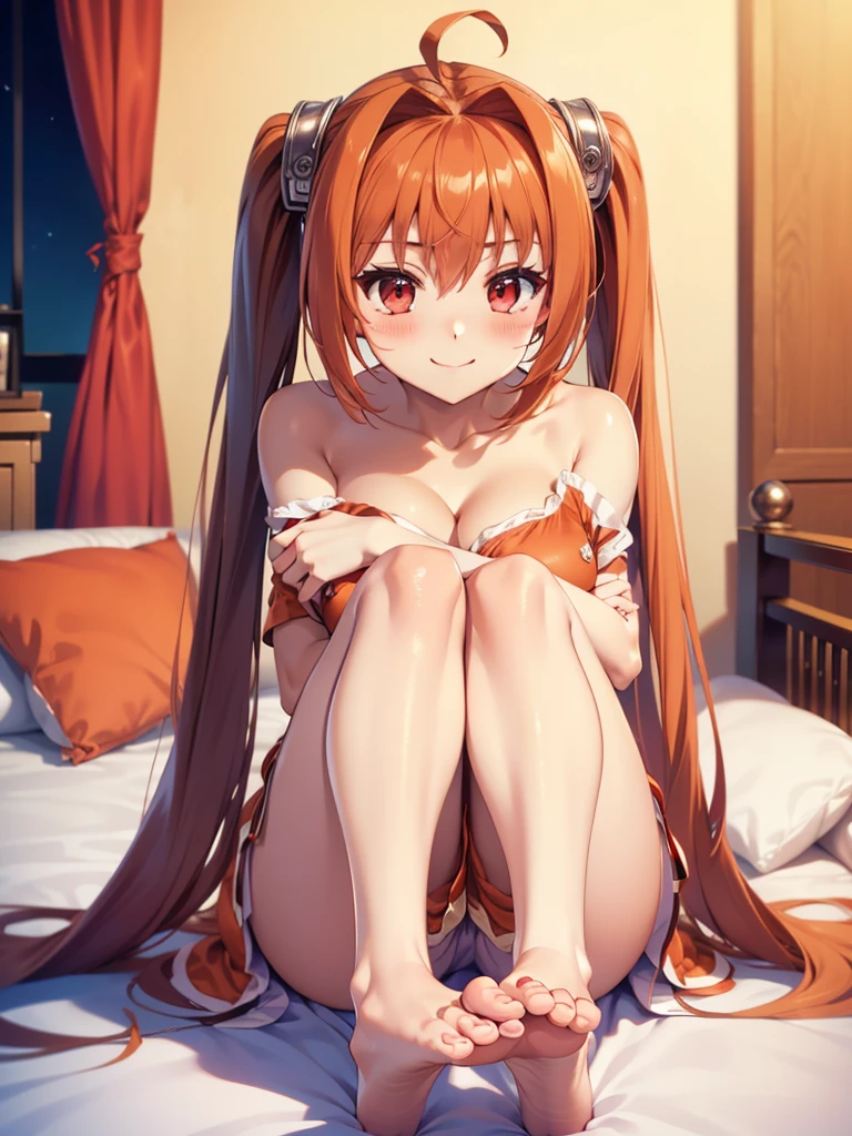 (masutepiece, Best Quality, hight resolution, nffsw, Perfect Pixel, depth of fields, 4K), Beautiful anime girl, Perfect body ,,,scEstelle, , (orange nightgown:1.4), , bare shoulders,, , cleavage,,, ,,  (own hugging feet:1.4),,,, indoor , bed room, on bed, ,looking at viewer, smile, blush
