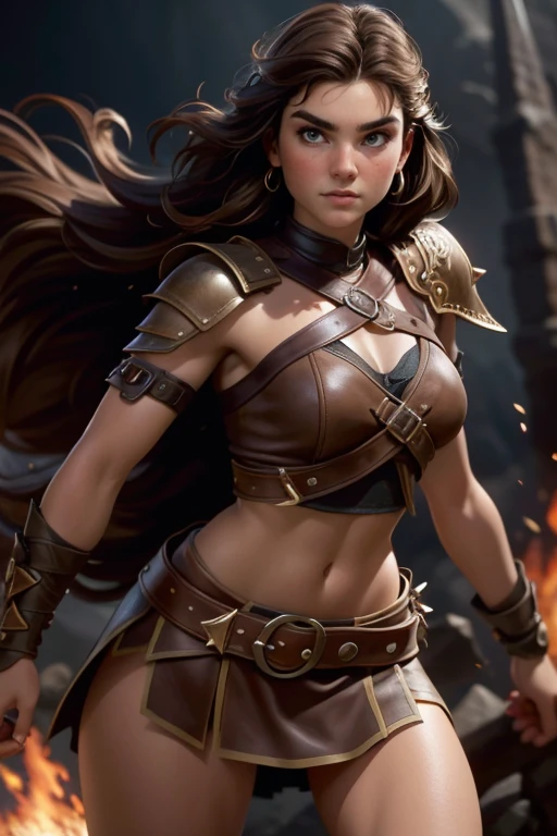  Young Viking woman , warrior, short brown hair, thick eyebrows, brown eyes, brown leather armor,  strappy leather top , fur skirt, fierce expression, heroic stance, Looking at the camera, fierce expression,  masterpiece , super detail,  lyrics,  composition epic character,  natural lighting ,  sharp focus,  ultra resolution ,  plain white background , without patterns, No textures.