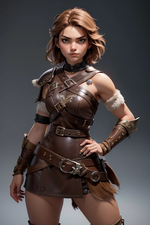  Young Viking woman , warrior, short brown hair, thick eyebrows, brown eyes, brown leather armor,  strappy leather top , fur skirt, fierce expression, heroic stance, Looking at the camera, fierce expression,  masterpiece , super detail,  lyrics,  composition epic character,  natural lighting ,  sharp focus,  ultra resolution ,  plain white background , without patterns, No textures.