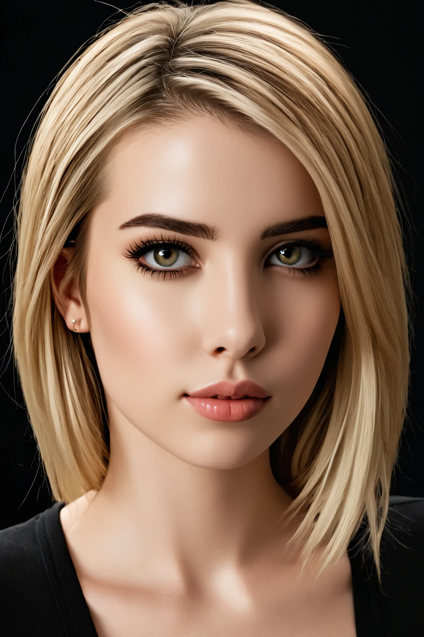 (highres,photorealistic)A girl with a black shirt, close up headshot, with beautiful detailed eyes and lips. She has long eyelashes that enhance her features. The lighting highlights her features and brings out the sharp focus of the image. The girl is positioned in a way that her face fills the frame, creating an intimate and captivating composition. The background is blurred, leaving all the attention on her. The overall color tone is warm and vibrant, with vivid colors that enhance the realism of the image. The image quality is of the highest caliber, with ultra-detailed rendering and a realistic depiction of the subject. The girl's expression and pose exude confidence and allure, adding depth to the portrait. The artwork is created using a combination of digital illustration and photographic techniques, resulting in a masterpiece.