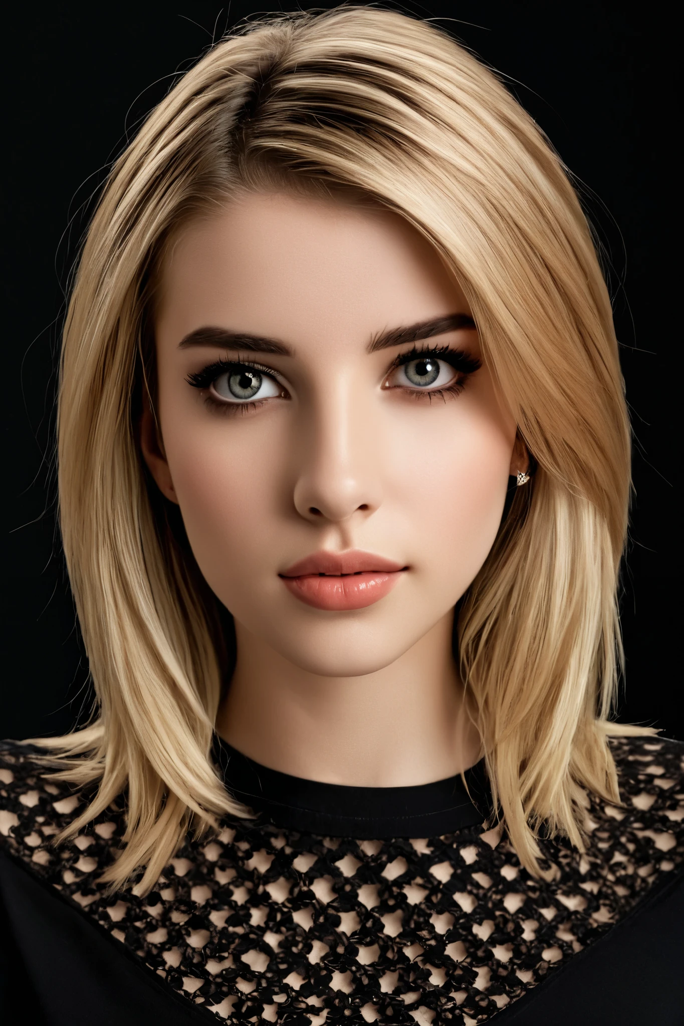 (highres,photorealistic)A girl with a black shirt, close up headshot, with beautiful detailed eyes and lips. She has long eyelashes that enhance her features. The lighting highlights her features and brings out the sharp focus of the image. The girl is positioned in a way that her face fills the frame, creating an intimate and captivating composition. The background is blurred, leaving all the attention on her. The overall color tone is warm and vibrant, with vivid colors that enhance the realism of the image. The image quality is of the highest caliber, with ultra-detailed rendering and a realistic depiction of the subject. The girl's expression and pose exude confidence and allure, adding depth to the portrait. The artwork is created using a combination of digital illustration and photographic techniques, resulting in a masterpiece.