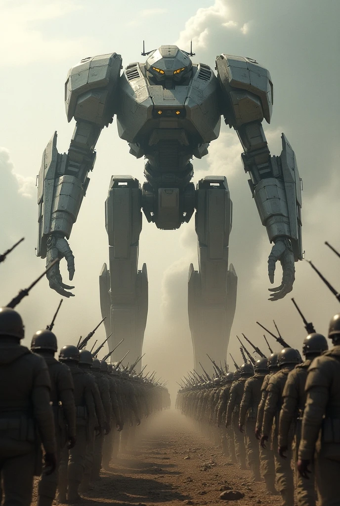 there are many people walking down the street with a giant robot in the background, still from the movie the arrival, rendering of beauty pageant, vfx shot, giant bugs, futuristic france, by Joaquín Clausell, soldiers, alien grey, russian opposition rally --auto --s2