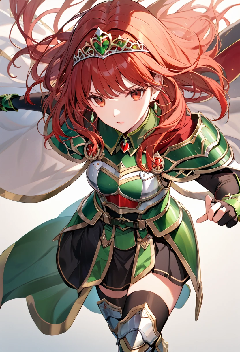 ascCeli, red hair, red eyes, tiara, earrings, cape, green collar, detached collar, green armor, black skirt, fingerless gloves, elbow gloves, black thighhighs, armored boots