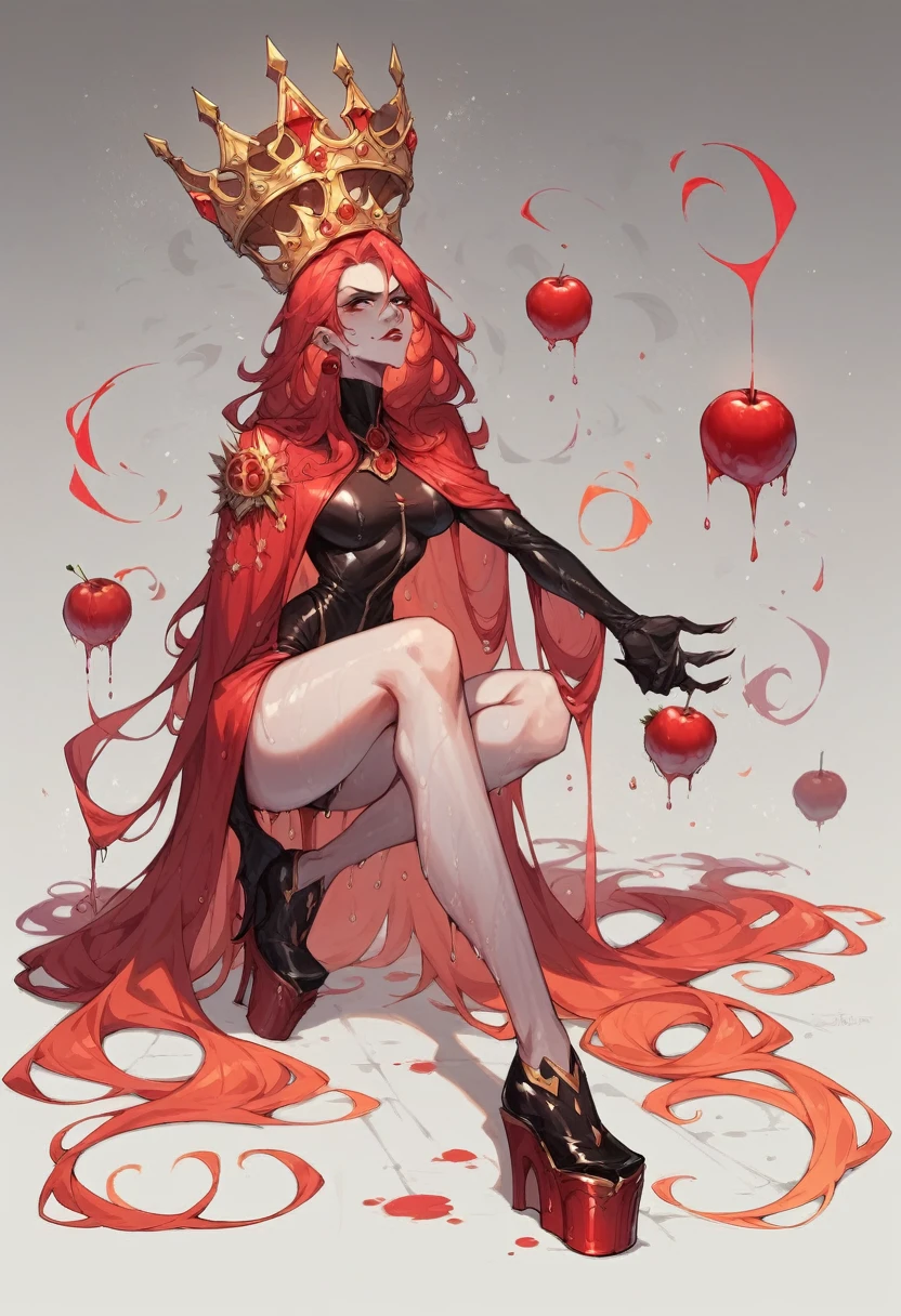  masterpiece , evil queen, hairstyle with tomato , corona, sharp features, body suit, Golden accessories,  cherry red colors ,  platform shoes, wet skin, showing skin, bare legs,  full body image , full body