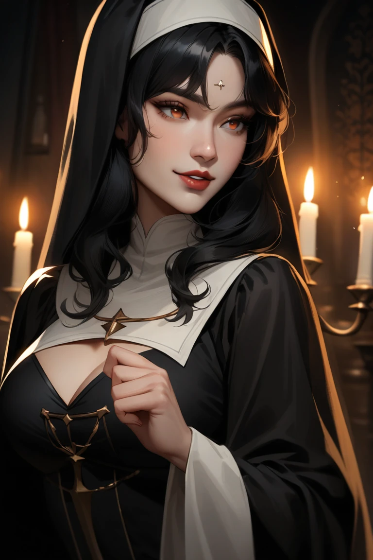 ((best quality)), brown hair,((masterpiece)), ((highly detailed)), ((realistic)), ((intricate)),  sexy nun, beautiful, jewelry, professional makeup, cool, edgy, punk, cleavage, sleeveless black sequin outfit, black translucent robes, body chain, cinematic lighting, indoor, inside a church, magnificent, enthralling, candles, stained glass, religious, mystical, magical, stunning, enigmatic.