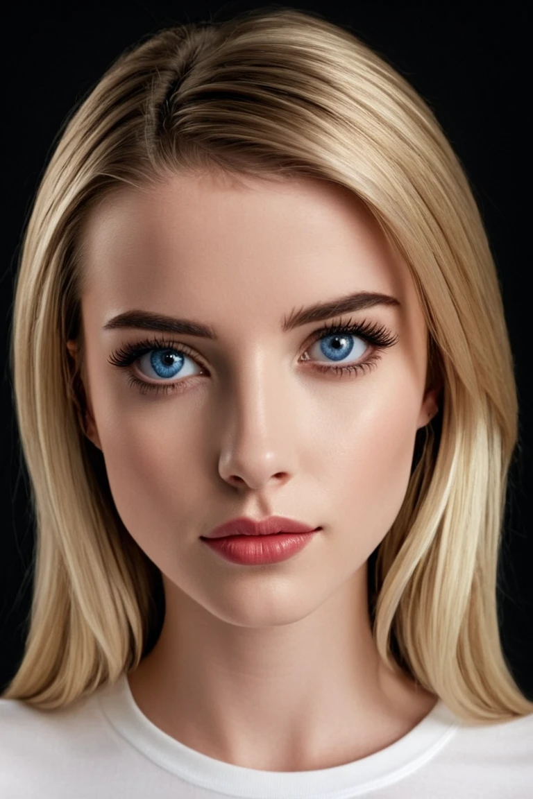 (highres,photorealistic)A girl with a white shirt, close up headshot, with beautiful detailed deep blue eyes and lips. She has long eyelashes that enhance her features. The lighting highlights her features and brings out the sharp focus of the image. The girl is positioned in a way that her face fills the frame, creating an intimate and captivating composition. The background is blurred, leaving all the attention on her. The overall color tone is warm and vibrant, with vivid colors that enhance the realism of the image. The image quality is of the highest caliber, with ultra-detailed rendering and a realistic depiction of the subject. The girl's expression and pose exude confidence and allure, adding depth to the portrait. The artwork is created using a combination of digital illustration and photographic techniques, resulting in a masterpiece.