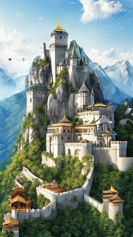 ８ｋ、highest masterpiece、super huge mountain、The Alps、White marble fortress in the forest、A walled city around a citadel、Birds in the sky are flying、Nice views、Wonderful nature、 Sophisticated and spiritual, Fantasy、High resolution、highest quality、masterpiece