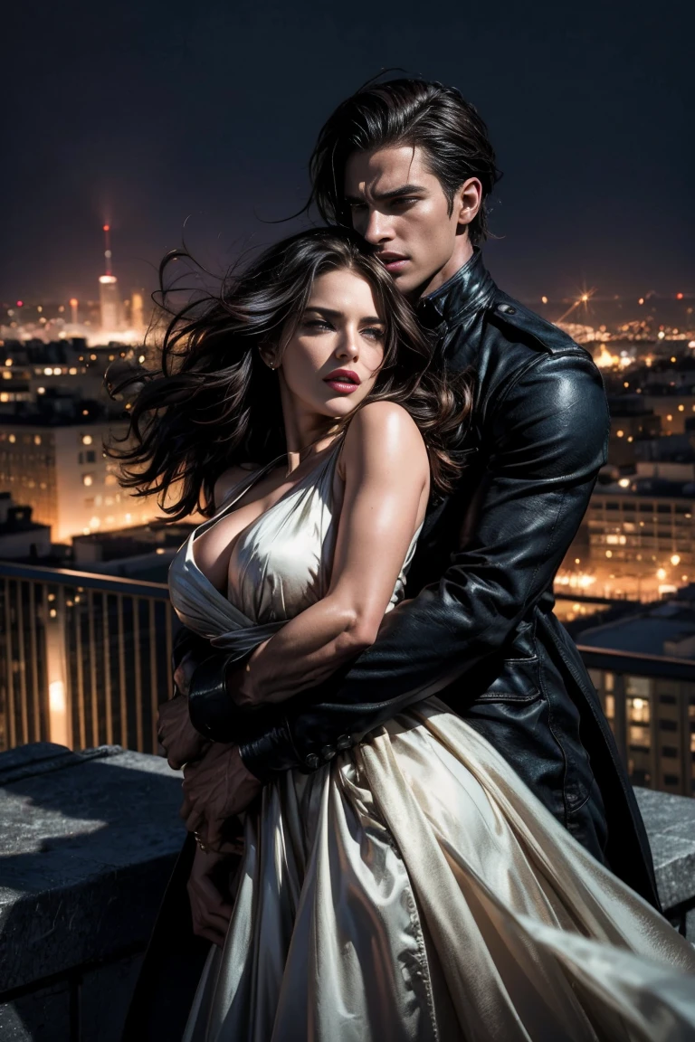 A dramatic image of a couple. beautiful woman standing on a rooftop held by soldier embraces her from behind, holds her breasts. Her face grimace, her mouth open in pain and eyes shut. overlooking the city skyline at night, her elegant dress flowing in the wind. The city lights are reflected in her eyes, overall tone is dark, touch of blue, dramatic and suggests suspense, romance, and intrigue, cinematic, photorealistic, 8K,