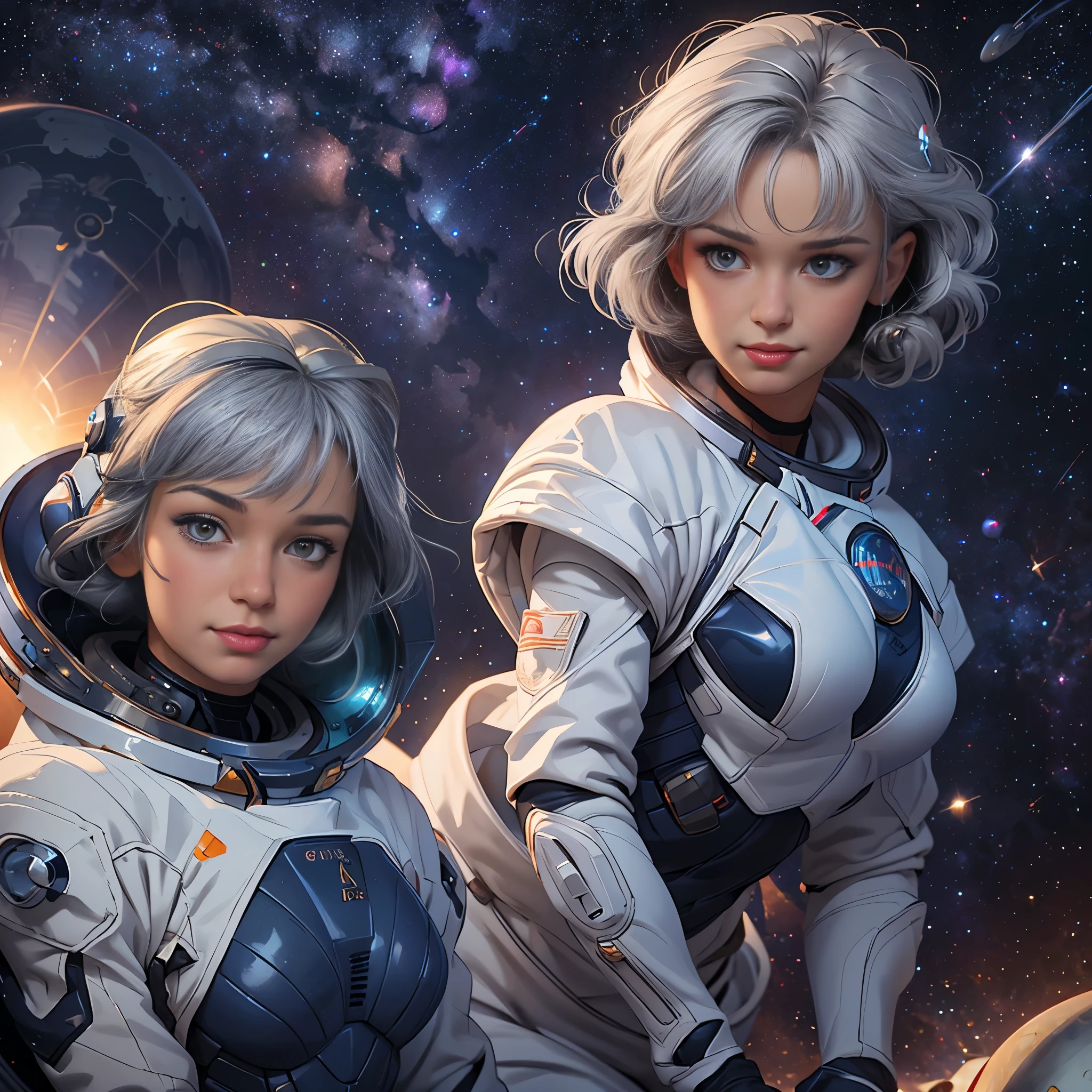 (over the shoulder:1.1), movie still,side view, spaceship cockpit, beautiful young skinny auburn caucasian adult woman sitting in spaceship cockpit looking over shoulder at viewer, glowing holographic instruments,(beautiful face:1.11),from behind, smart fabric jumpsuit:1.3,lightweight structured jacket with sharp geometric lines, utility belt, knee-high boots, fingerless gloves,(large spaceship cockpit with highly polished flooring and stellar view),backlit hair,perfect face,(pale freckles:0.6),(black and silver accents),perfect eyes,(studio lighting:0.3),low key, thin pouting lips,(white bob hair, ombre++ hair:1.2),wide set soft+ turquoise++ eyes, skin pores,(small retrousse nose:1.2), (pale skin),ultra detailed,(Intricate Environment)++,best quality, masterpiece, dramatic angle, highest detailed face,eyelid shimmer makeup,silver eyeshadow,iridescent cheekbones,muted rose lips,deep space blue, BREAK, starlight silver, nebula pink, and black hole black, planetary rings, asteroid clusters, geometric shapes, angular contours,Holographic control panels, chiaroscuro effects, reflective surfaces, star-filled skies, distant galaxies,Chrome finishes, brushed steel, shimmering surfaces, iridescent materials, Minimalist design, clean lines, modernistic details,8k,best quality,masterpiece,(large covered breasts:0.9)