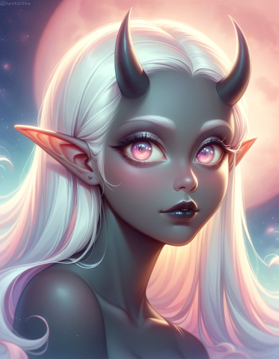 ((Masterpiece)), ((highres)), ((1person)), Random poses, beautifully detailed succubus girl, ((pastel moon background)), long white hair, defined elf ears with ear guages, defined eyes, pastel iris, long eye lashes, defined nose, black lipstick, (((Black skin))), black demon horns, breasts, night sky, pastel gothic style, gothic style art, (gothic asthetic), frame shot
