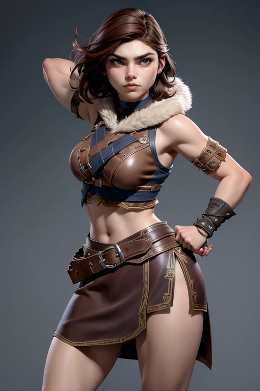  Young Viking woman , warrior, short brown hair, thick eyebrows, brown eyes, brown leather armor,  strappy leather top , fur skirt, fierce expression, heroic stance, Looking at the camera, fierce expression,  masterpiece , super detail,  lyrics,  composition epic character,  natural lighting ,  sharp focus,  ultra resolution ,  plain white background , without patterns, No textures.