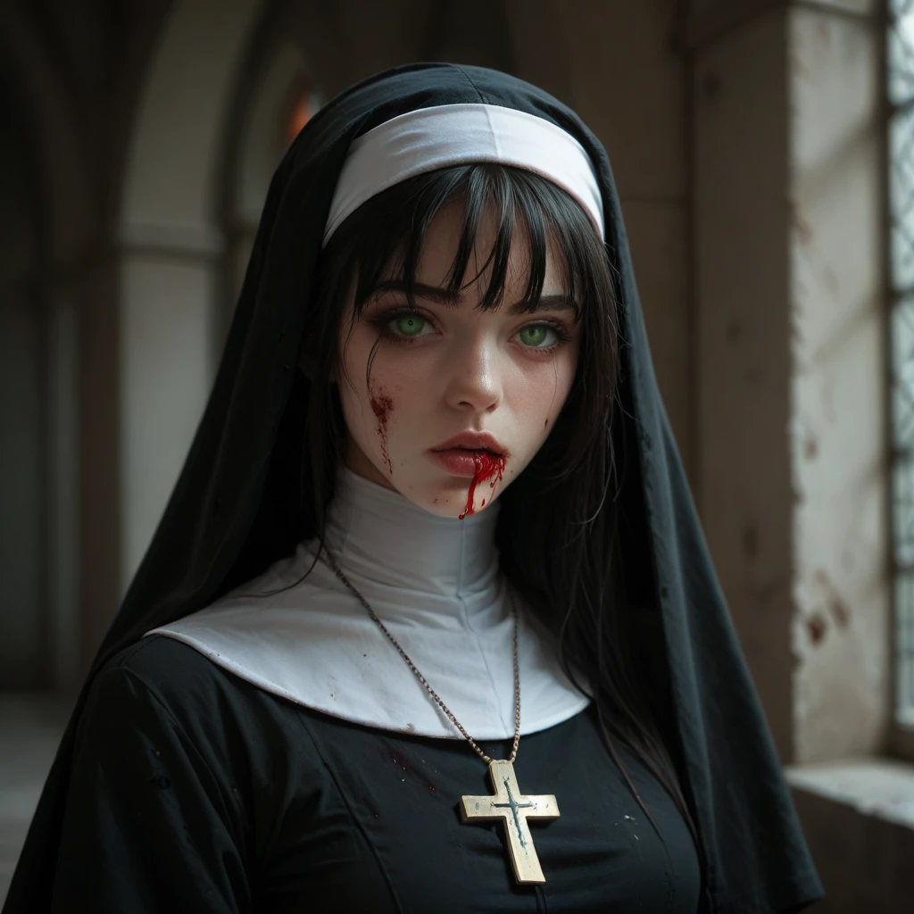 Woman with a veil and blood on her hands, white eyes, horror look, horror movie, dark