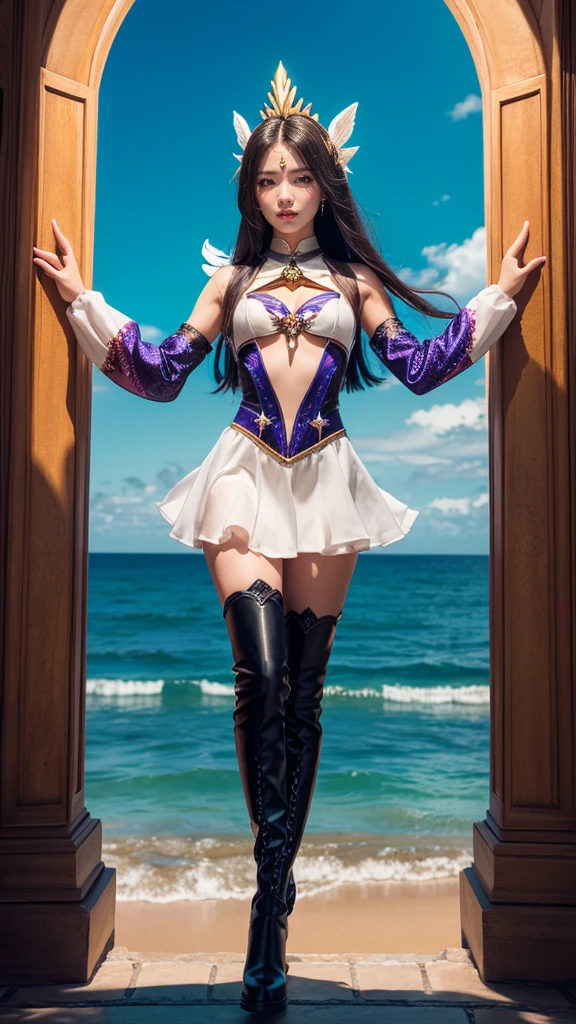 (masterpiece, best quality:1.1), priest \(dq3\), 1girl, solo, long hair, blue hair, red eyes, mitre, tabard, cross print, orange bodysuit, elbow gloves, large breasts, holding, staff, nature, blue sky