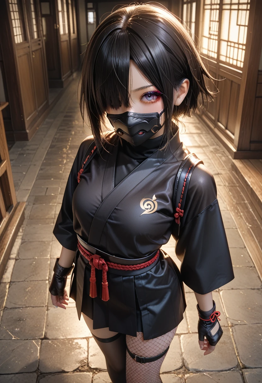 (score_9,score_8_up,score_7_up,score_6_up,score_5_up,score_4_up),High resolution 8K,Top Quality Unity 8k ,break kunoichiNinja,Ninja, 1 girl,Alone,Black Hair ,Hair over one eye , eyeshadow,purple  eyeshadow,breast,small breast, break ベアショルダー,mask,Cover your mouth,Ninja mask ,Black kimono,Black kimono, Black Short Kimono,肘Gloves,指なしGloves,Gloves,Food,skirt, fishnet tights , black legwear, thigh strap ,fan、 break { cowboy shot、night、castle town、 moonlight}、Chest Focus、 from above、