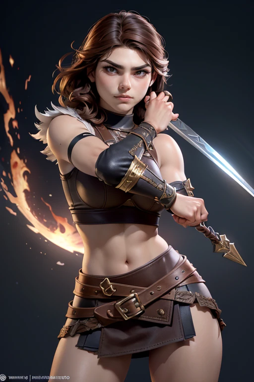  Young Viking woman , warrior, short brown hair, thick eyebrows, brown eyes, brown leather armor,  strappy leather top , fur skirt, fierce expression, heroic stance, Looking at the camera, fierce expression,  masterpiece , super detail,  lyrics,  composition epic character,  natural lighting ,  sharp focus,  ultra resolution ,  plain white background , without patterns, No textures.