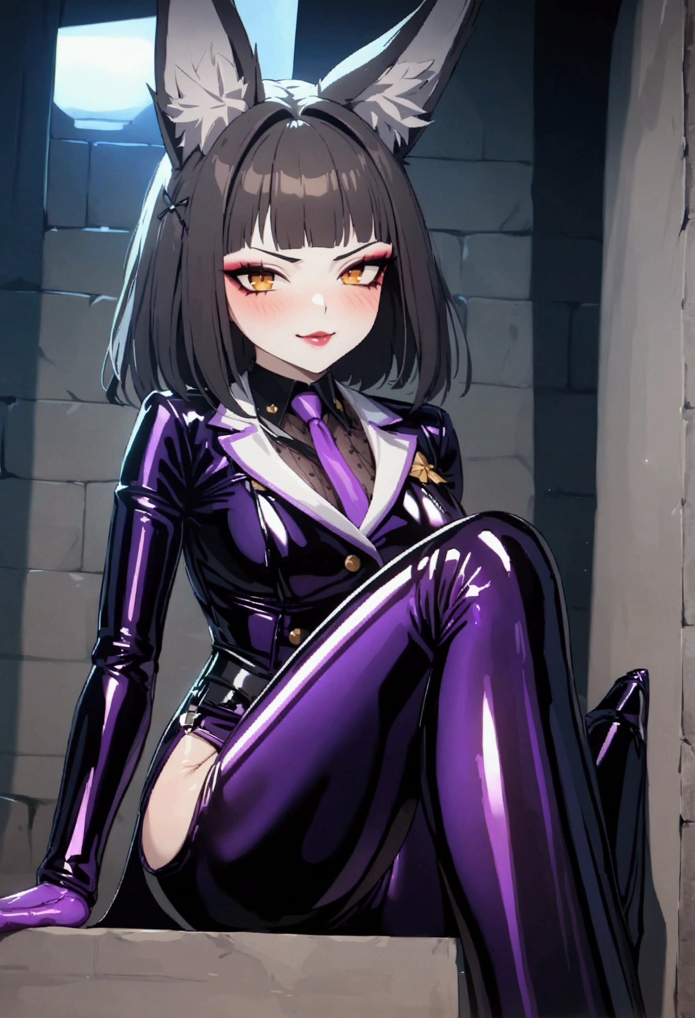 Miyabi Hoshimi, lingerie, purple latex, glitter latex, basement, dungeon, sex house, Beauty, Beautiful eyes, blush, uhd, retina, masterpiece, ccurate, anatomically correct, textured skin, super detail, high details, high quality, best quality, highres, evil grin, knee high boots, gloss lips, lipstick, 4K, eyeshadow, eyeliner, blush, fox ears, smirk