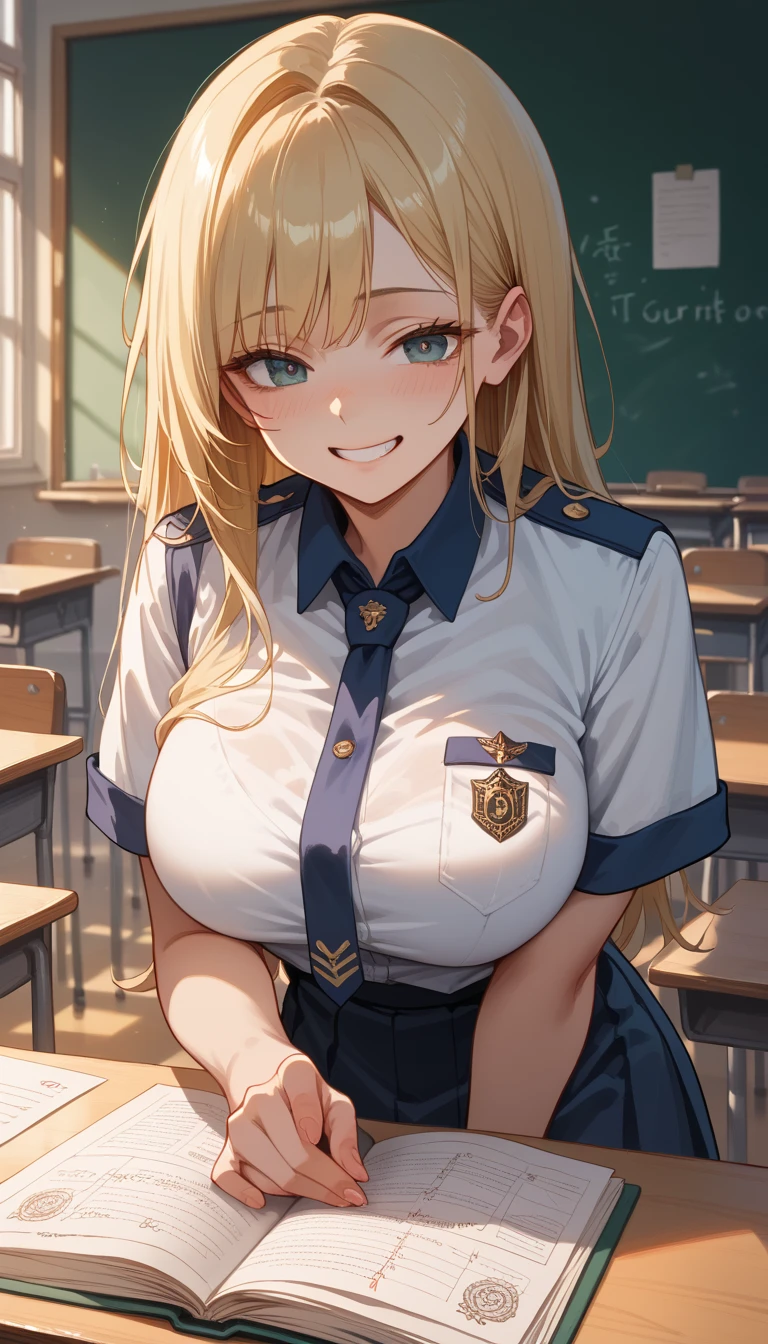 8k, Masterpiece, High Quality:1.2,  delicate illustration,  very detailed,One female,Kitagawa Marln,  Blonde,bangs, kind,  is embarrassing,smile, Big Breasts, very nice,Vulgar,Student Uniform,classroom