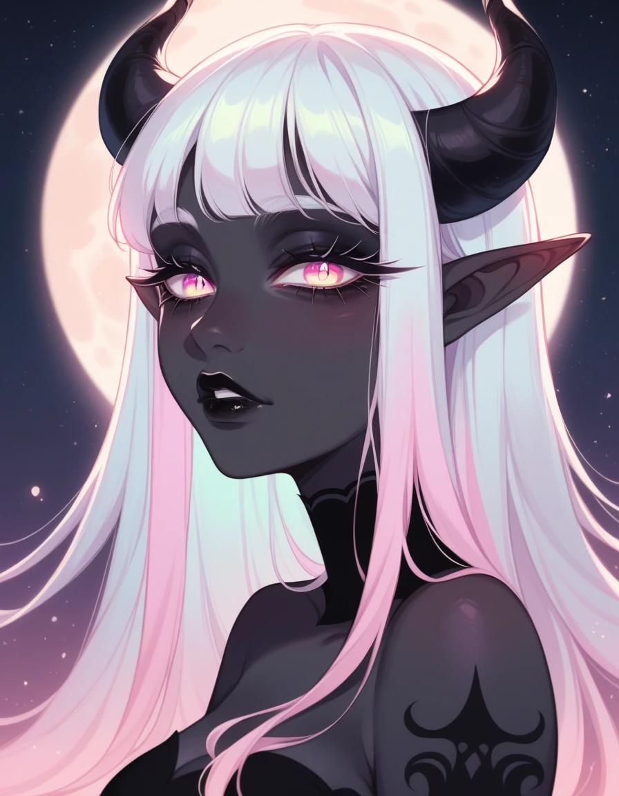 ((Masterpiece)), ((highres)), ((1person)), Random poses, beautifully detailed succubus girl, ((pastel moon background)), long white hair, defined elf ears with ear guages, defined eyes, pastel iris, long eye lashes, defined nose, black lipstick, (((Black skin))), black demon horns, breasts, night sky, pastel gothic style, gothic style art, (gothic asthetic), (frame shot)
