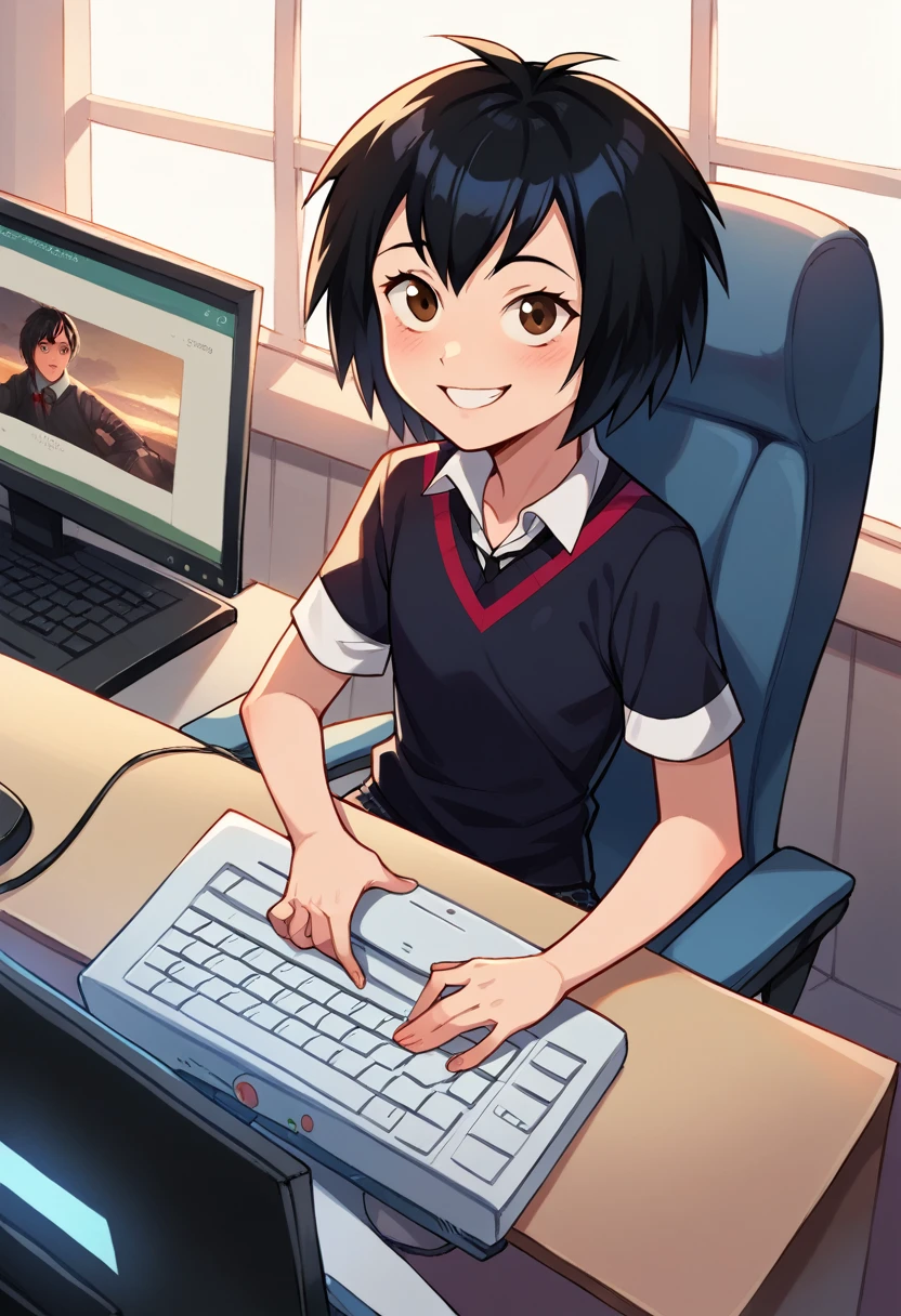 Masterpiece , peni parker,  shirt,  flat chest  , pantie , sexy , evil smile, sitting in front of a computer, sitting on computer chair, typing on the computer keyboard, looking at the computer screen, looking away from viewer, looking at the computer