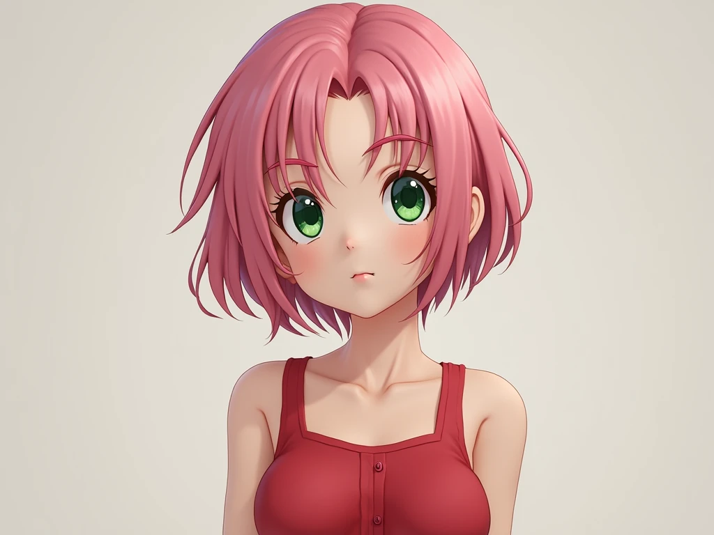 young woman, short shoulder-length pink hair, wide forehead, porcelain skin, pink eyebrows, big emerald green eyes, buttoned nose, full lips, heart-shaped face, slender body, small breasts, red tank top, Sakura Haruno , realistic, realism, details, 3d, well detailed