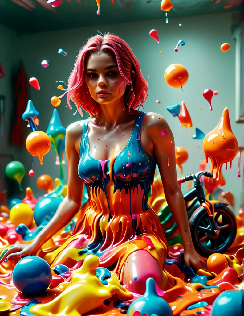 Photorealistic, beautiful woman on top of a giant pile of plastic toys including squirt guns, tricycles, dolls with large busts, action figures, ball bats, frisbees and yo-yos, being melted down into vibrant shiny neon colored goop. With the colors running together towards the viewer the boiling hot plastic melt is jumping off the floor and flying  towards the viewer, captured in stunning 3D cinematic photography with lighting, depth of field, bright colors, reflective slick melted plastic,  dripping splattered melted plastic in every color. Cinematic photography, realism, portrait photography, attention to facial features and colorful plastic flying at us!!