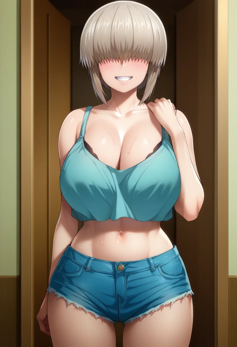 Yanagi Uzaki,perfect body,[in heat、nausea，jean shorts，string bra，big breasts，Super large breasts，Seduction at the door，apartment，choker on the neck，smiling，blushing with excitement，Vulgar smile，having sex