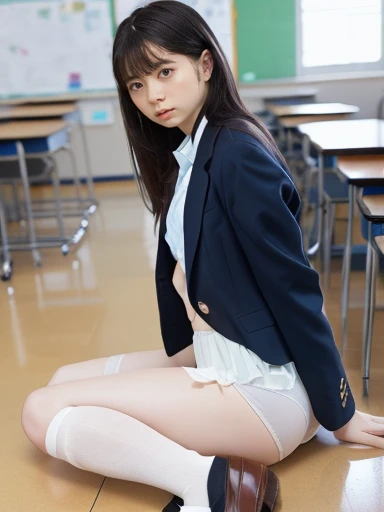 (1 person, one person), beautiful woman, (anatomically perfect body, thin, (high school student, JK:1.2), dark blue blazer, open jacket, open dress shirt, rolled pleated skirt, white panties, white bra, sitting in a chair, opening legs, (highest quality), black hair, (half up: 1.2), (high school classroom), (8k, high resolution), small breasts, (thin legs, small buttocks), high-resolution face, (very detailed panties), (sitting on the floor: 1.3), (loafers)