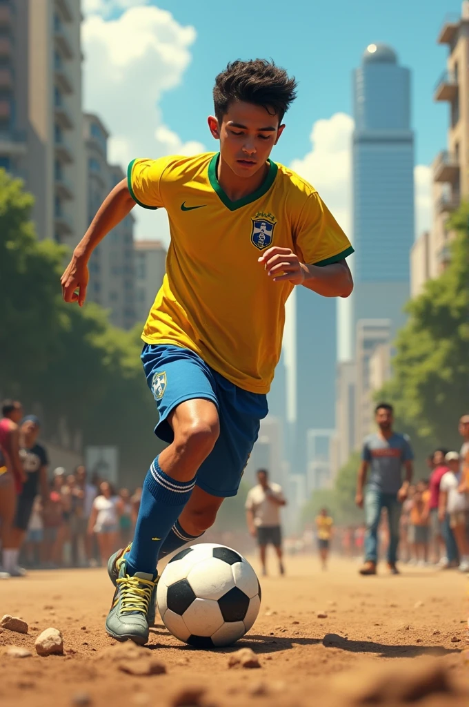 Boy of white color, short hair, dark blond and straight, with the yellow Brazil shirt emblazoned the name Brazil in the middle, playing barefoot ball alone, on a soccer field in the favela in the city of Rio de Janeiro, with the wonderful landscape of the tourist spot sugar loaf and Christ the Redeemer.