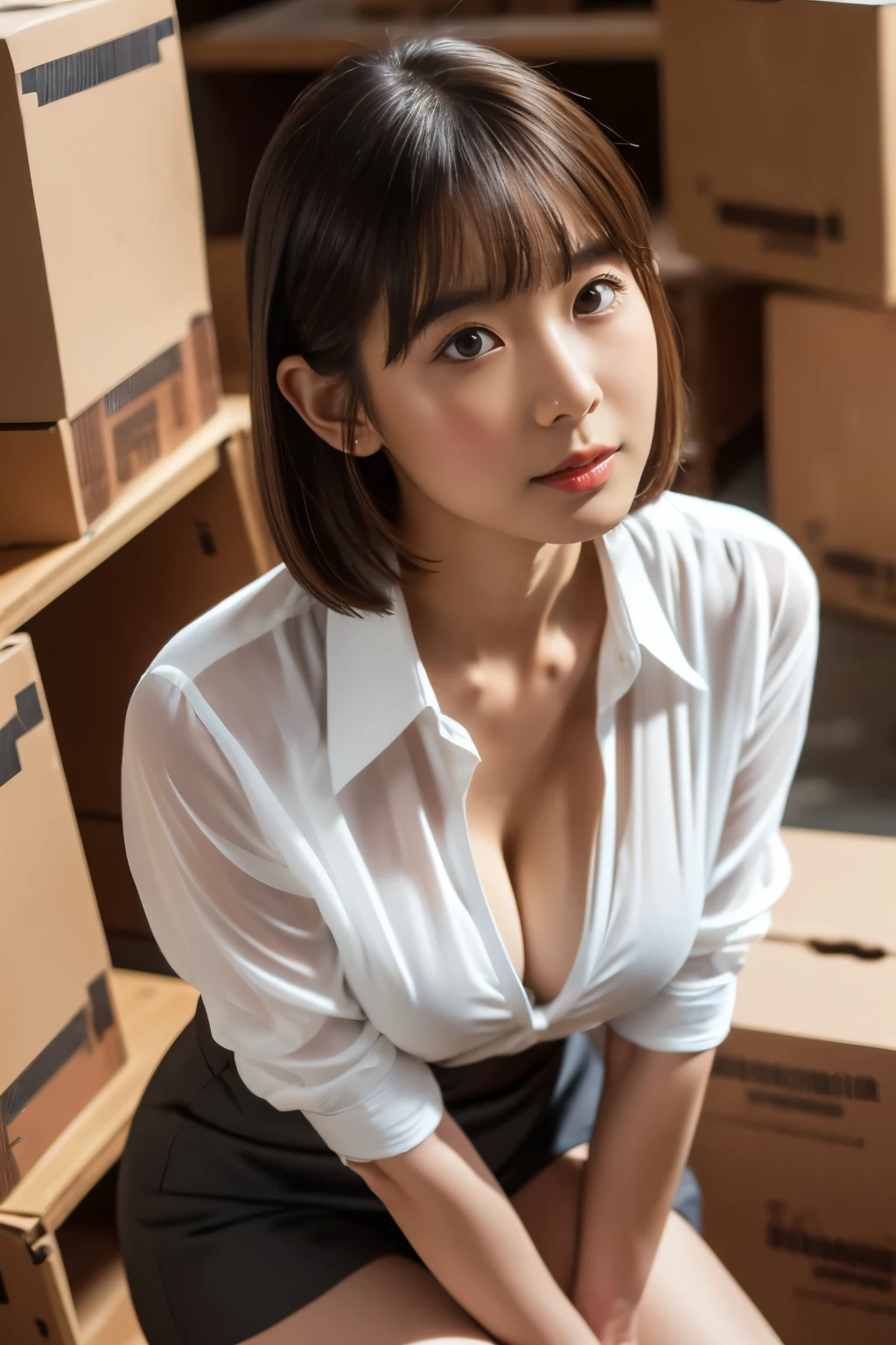  Hi-Res,  Hi-Res,  attention to detail, masterpiece,(Loose body),  anatomically correct, sharp, ((Japanese Mature)),(50 years old:1.3),((Facial wrinkles)), ((Small Saggy Breasts)),Fair skin, Long Hair, bangs,(((Stand upright, Towards the center.))),Looking at the photographer,  open your mouth and look straight ahead,(suit:1.2),(Sheer blouse:1.0),( miniskirt),( sitting),(Thighs:1.3),In the cardboard warehouse,( serious expressions),(Elderly woman:1.4),Red lipstick,( cleavage),Mature Secretary
