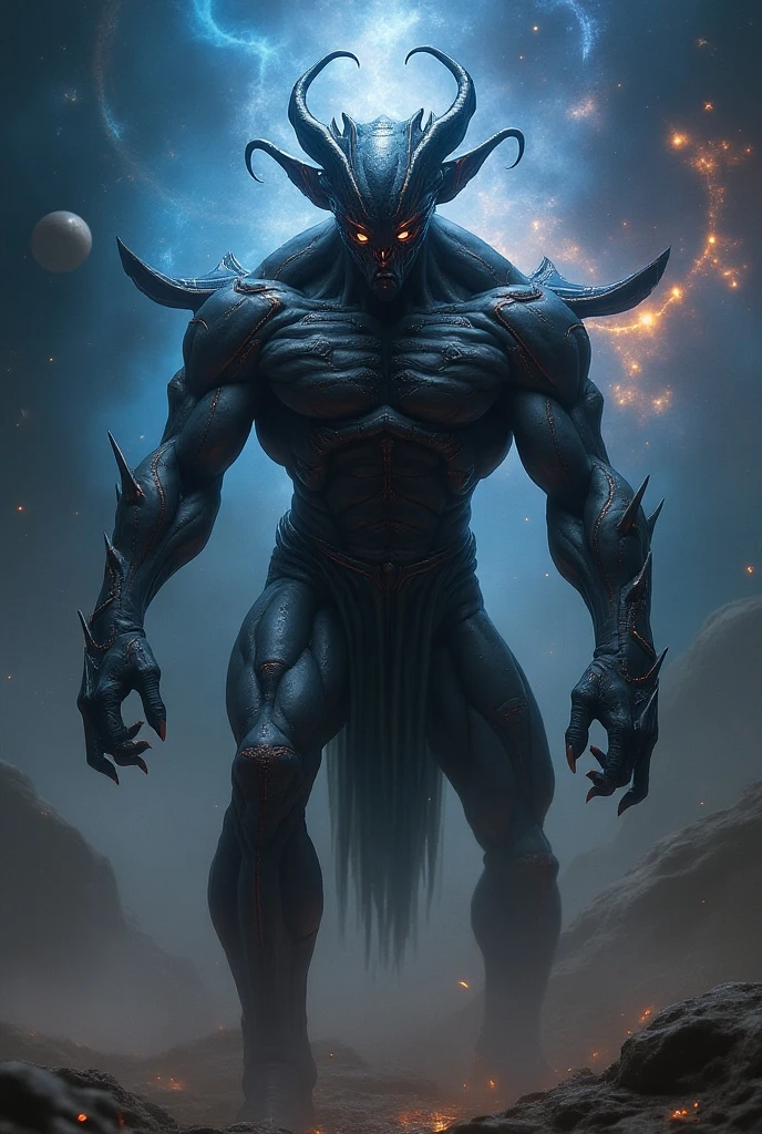 brave standing in front of giant devil's palace, Final Showdown, epic landscape, creepy, ((wind effect)),thunder storm background,(mythical atmosphere),light is penetrating through clouds, magnificent clouds, blue theme, epic palace, in another planet