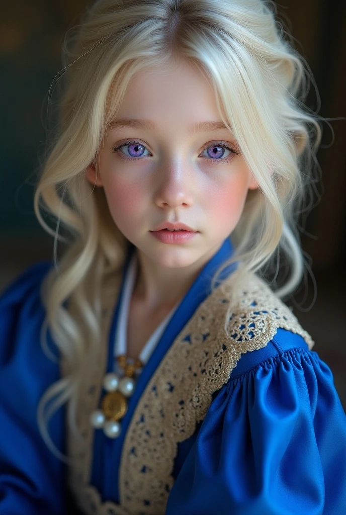 A four-year-old albino girl with curly white hair and blue eyes, rear