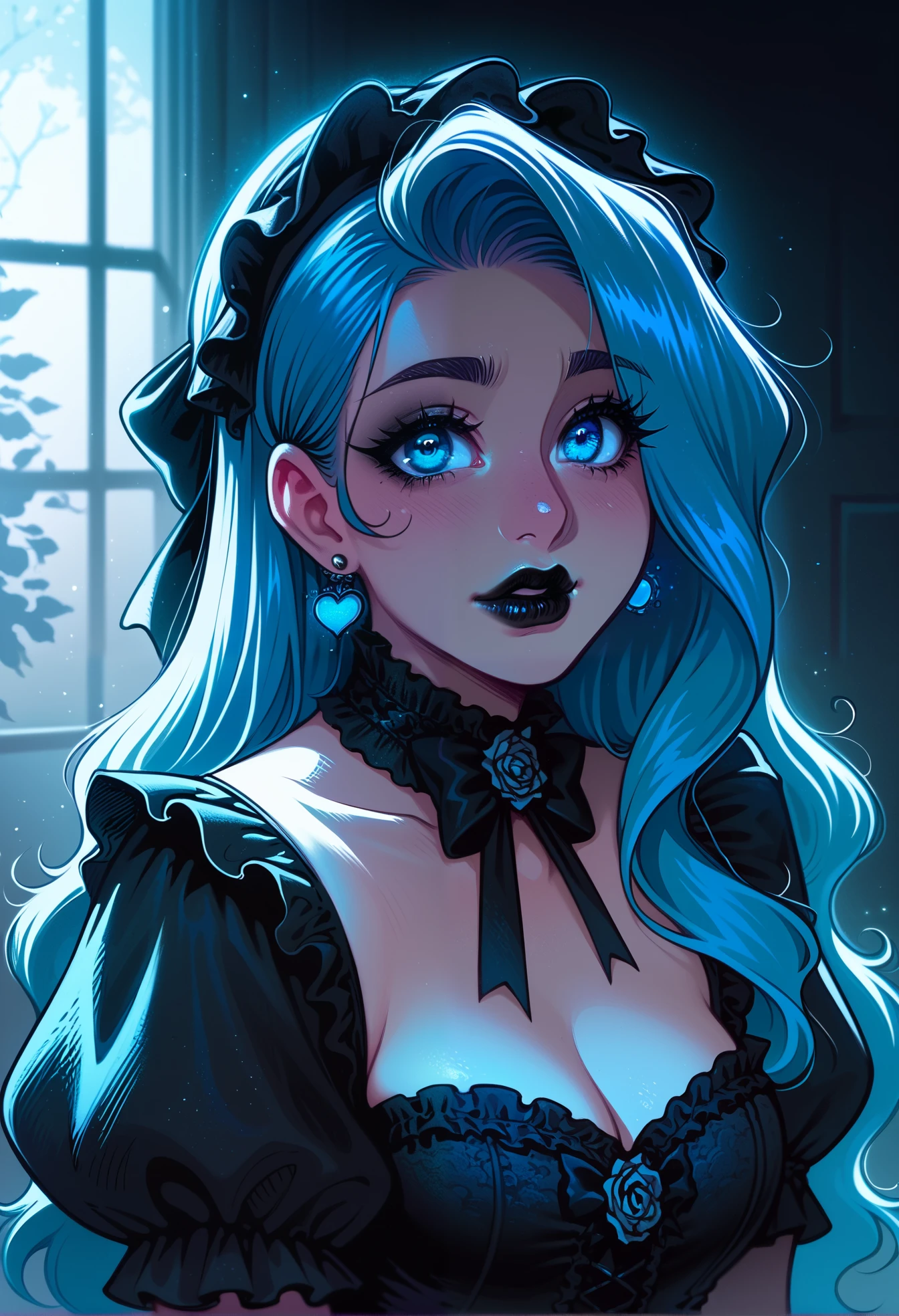 Made by melkor mancin, Vivi Nefertari, gothic ta cosplay, blue hair, piercings, black lipstick, stoic, spooky mansion, beautiful lighting and shadows,