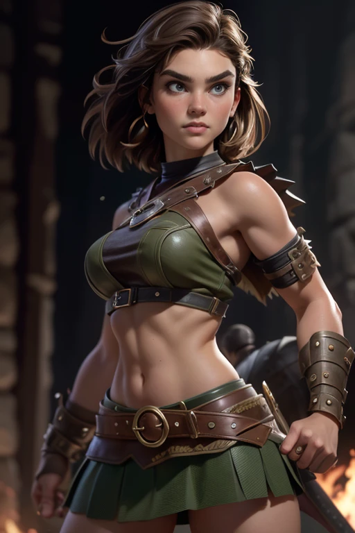  Young Viking woman , warrior, short brown hair, thick eyebrows,  green eyes, leather armor,  strappy leather top , fur skirt, fierce expression, heroic stance, Looking at the camera, fierce expression,  combat posture ,  masterpiece , super detail,  lyrics,  natural lighting ,  sharp focus,  composition epic character.