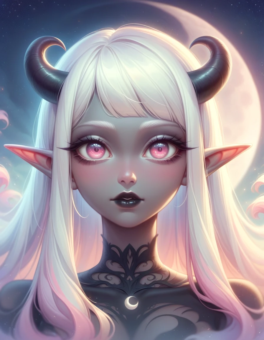 ((Masterpiece)), ((highres)), ((1person)), Random poses, beautifully detailed succubus girl, ((pastel moon background)), long white hair, defined elf ears with ear guages, defined eyes, pastel iris, long eye lashes, defined nose, black lipstick, (((Black skin))), black demon horns, breasts, night sky, pastel gothic style, gothic style art, (gothic asthetic), (medium shot)
