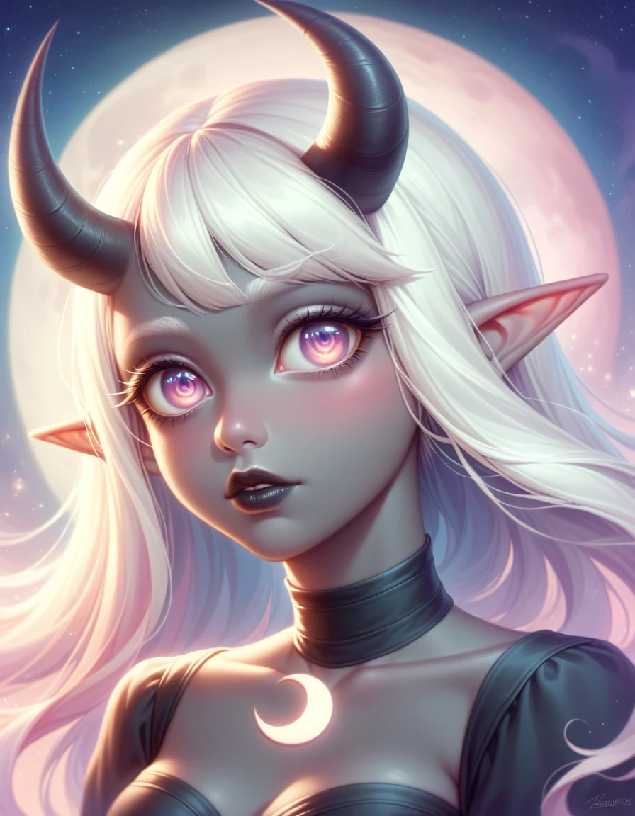 ((Masterpiece)), ((highres)), ((1person)), Random poses, beautifully detailed succubus girl, ((pastel moon background)), long white hair, defined elf ears with ear guages, defined eyes, pastel iris, long eye lashes, defined nose, black lipstick, (((Black skin))), black demon horns, breasts, night sky, pastel gothic style, gothic style art, (gothic asthetic), ((medium wide shot))
