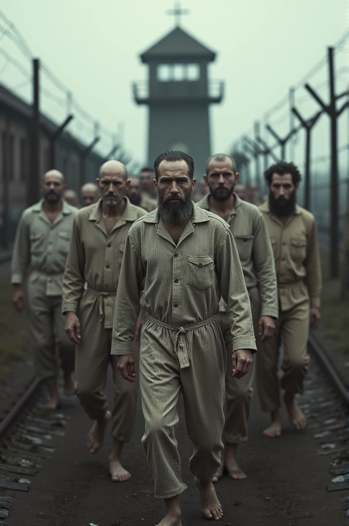 (photorealism:1.2) A group of emaciated prisoners, including Jews, Romani people, and political dissidents, standing in ragged clothes inside a concentration camp.