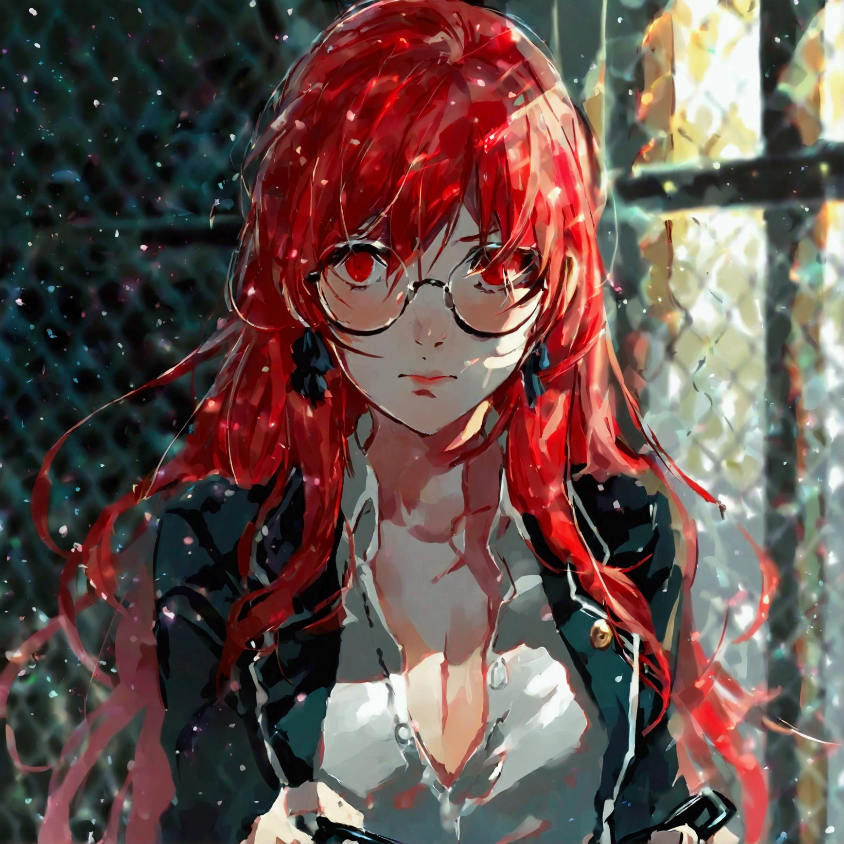 17-year-old female character with long and smooth red hair with round glasses with white frame,And ruby red eyes ,And wearing a women's black blazer with a white blouse underneath a black plaid skirt , and black socks she is holding her glasses on her face 
The character is standing in front of a wire fence ,  that seems to be part of an urban environment .  The sky in the background is blue with some clouds , suggesting a clear day .  The wire fence gives the impression of being in a place like a school yard .