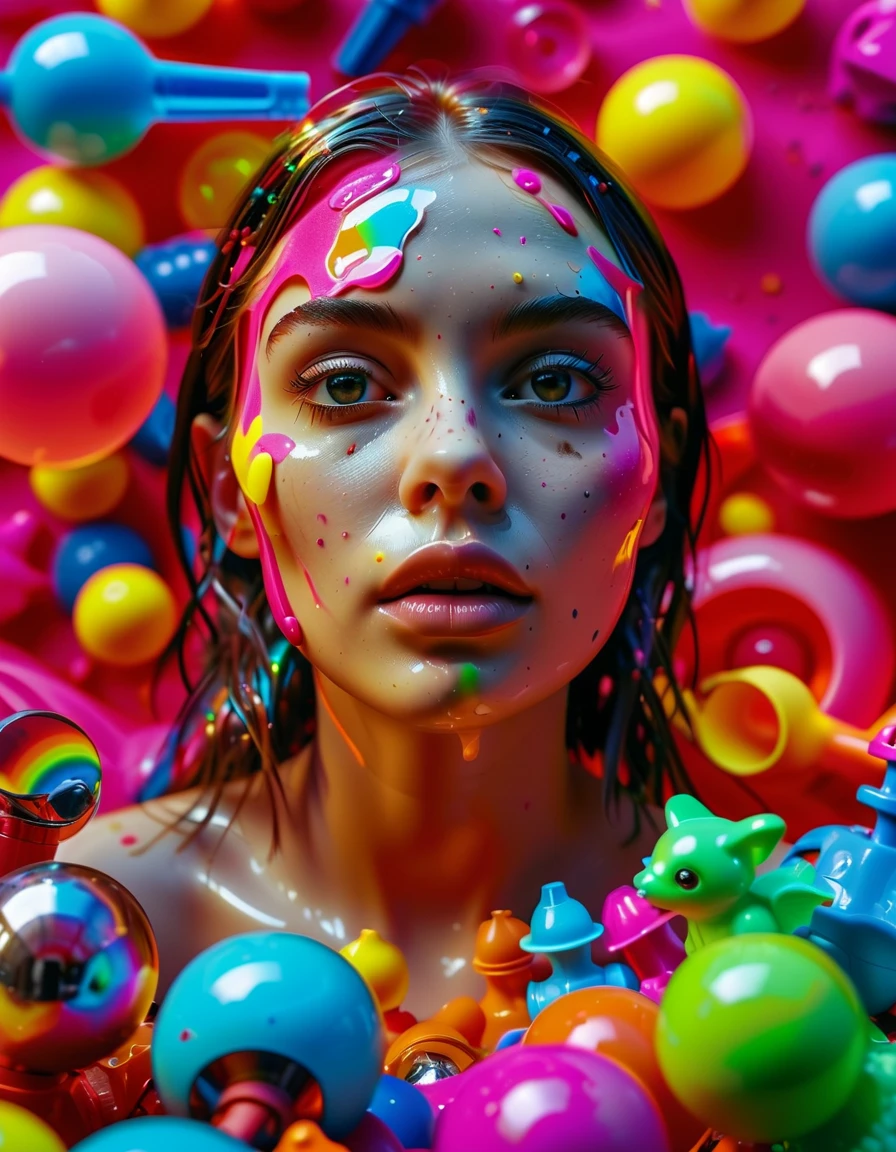 photorealistic beautiful detailed portrait of a woman, facing the camera, sitting on top of a giant pile of plastic toys including squirt guns, tricycles, dolls with large busts, action figures, ball bats, frisbees and yo-yos, being melted down into vibrant shiny neon colored goop, cinematic 3D photography, bright colors, reflective slick melted plastic, dripping splattered melted plastic in every color, extremely detailed facial features, large eyes, long eyelashes, beautiful lips, high quality, photorealistic, hyper detailed, ultra-detailed, masterpiece, (best quality,8k,highres,masterpiece:1.2),ultra-detailed,(realistic,photorealistic,photo-realistic:1.37),HDR,studio lighting,physically-based rendering,extreme detail description,professional,vivid colors,bokeh,portrait photography,attention to facial features,colorful plastic flying towards the viewer