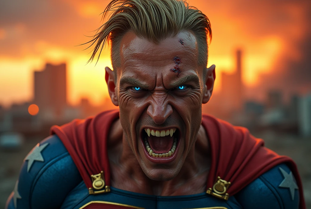 Dramatic captain America as a zombie covered in wounds and blood all over and opened its mouth showing its teeth and ready to bite, lightning on the background, cinematic, extreem realistic, extreem detailed, extreem Sharp, middle close-up shot