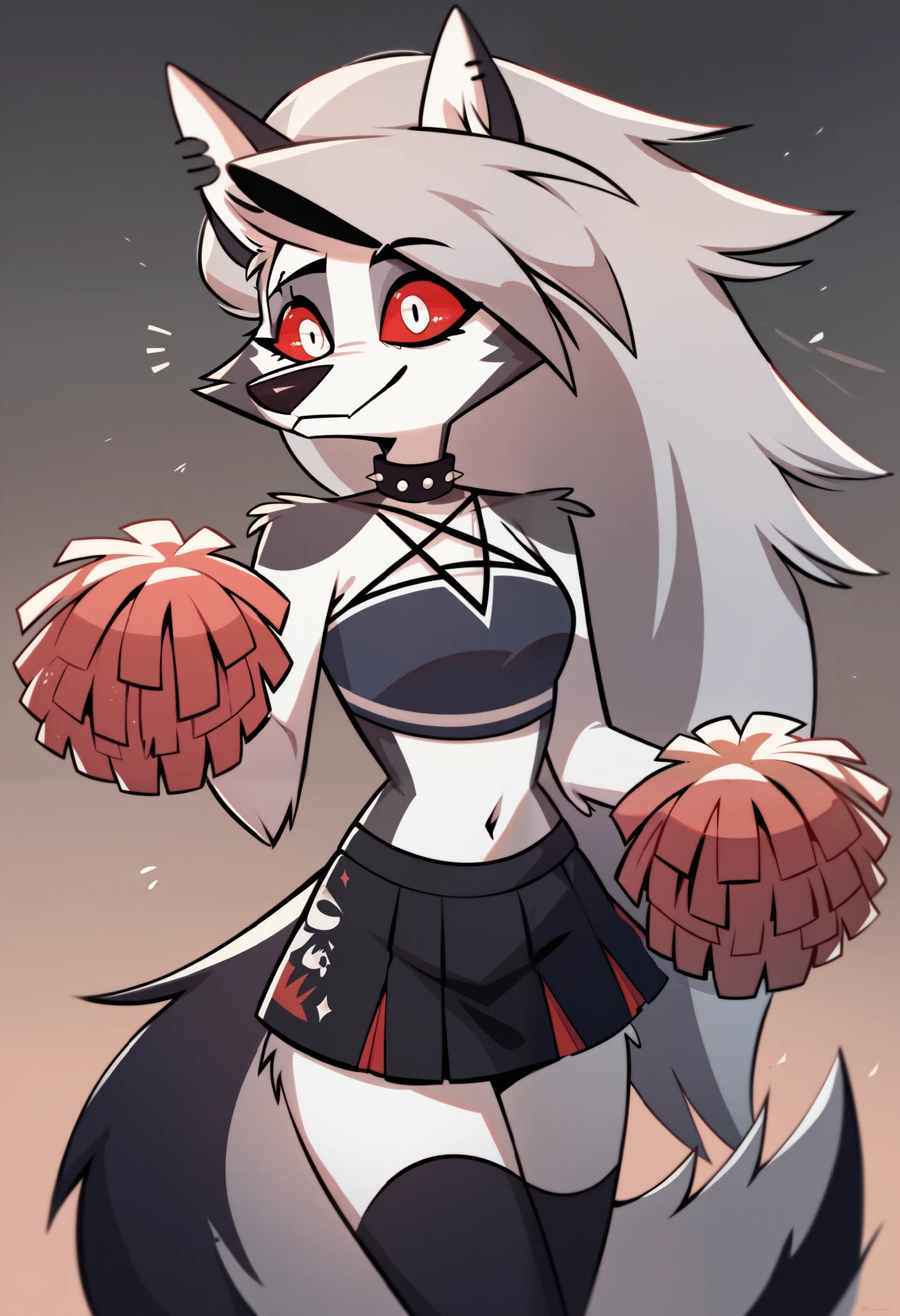 ultra detailed, masterpiece, highest quality, 4k resolution, perfect anatomy, Loona, hellhound, anthro, wolf fur, wolf ears, wolf tail, cute face, cheerleader, one legged splits