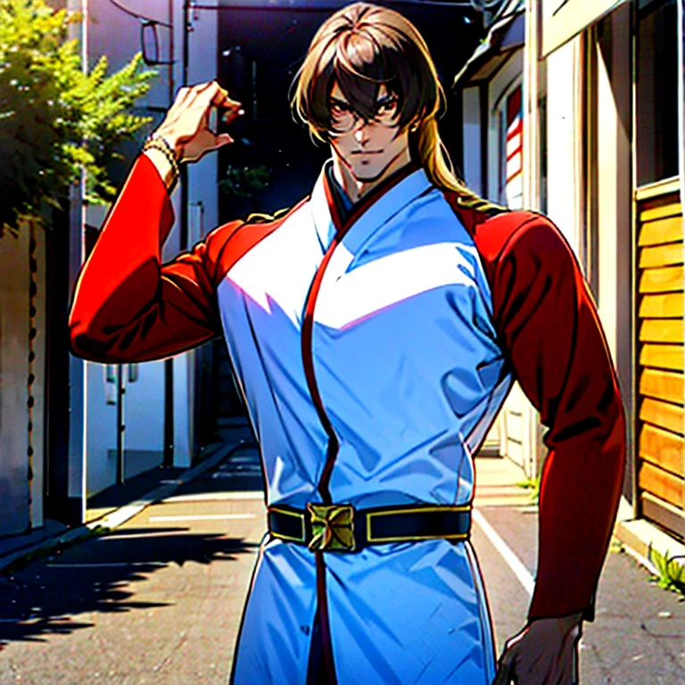 ( Best Quality ),Back Alley,  Japanese with a Cool and Handsome Face ,beautiful young prince handsome ,  Shiny Sentai Hero Suit, 18 years old,  toned and muscular ,  cool and handsome face ,, Tall, Long Hair, Long bangs,