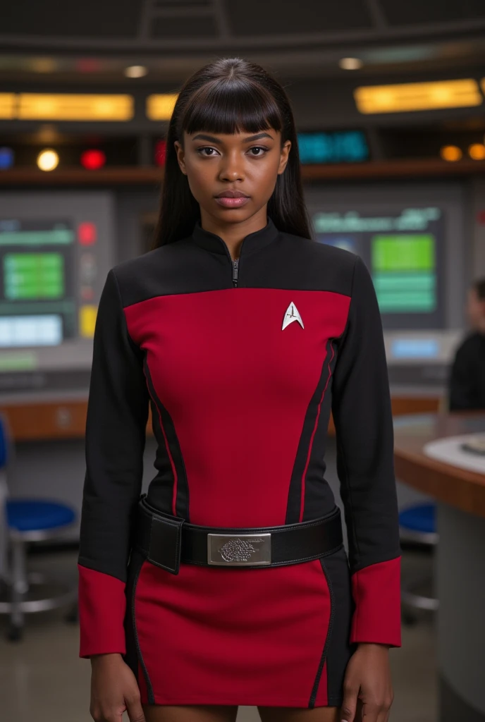 
female officer  wearing red and black tosunfm uniform, on teh bridge of the enterpise at her console