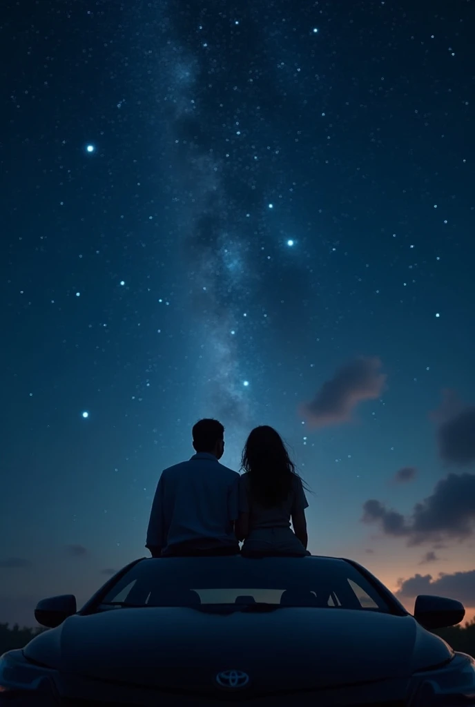 "A couple of lovers in the car, in love, (caucasian woman, blonde with long, loose hair), hugging and lying, (white man with long black hair tied in a ponytail and a short beard on his face), observing the universe and galaxies. The image is captured from the back of the two lovers who are half naked. The loving couple is watching the world through the car windshield, and this image is the universe itself with planets and suns. The car is off the planet (stratosphere).

Prompt:
-"Couple in love in the car, caucasian woman blonde with long, loose hair, white man with long black hair tied in a ponytail and short beard, hugging and lying, observing the universe and galaxies, view captured from the back, casal semi no, universe with planets and suns visible through the windshield, car off the planet, stratosphere, realistic styling, soft lighting, vivid details, romantic and heavenly atmosphere."

Additional details for a more realistic result:
- "Focus on facial details and serene expressions."
- "Realistic texture of semi-nude clothes and hair."
- "Detailed environment inside the car, with soft reflections."
- "Vibrant colors and sharp contrast for galaxies and planets."
- "Soft light effect emanating from bodies and reflecting off the windshield."