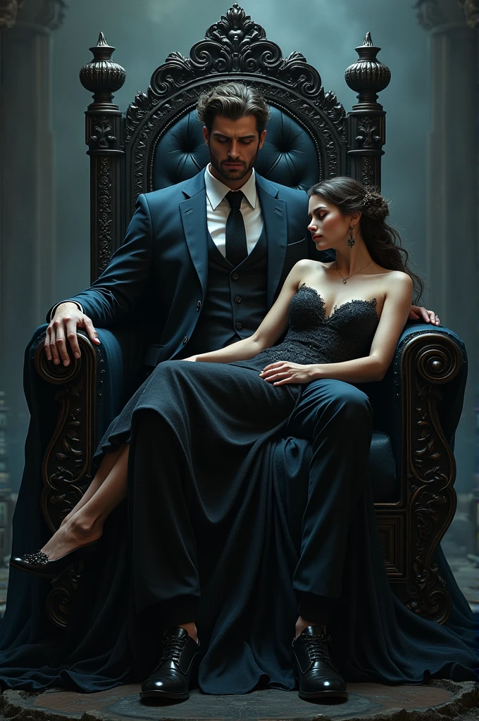 Man sitting on sofa and behind him, a vampire woman