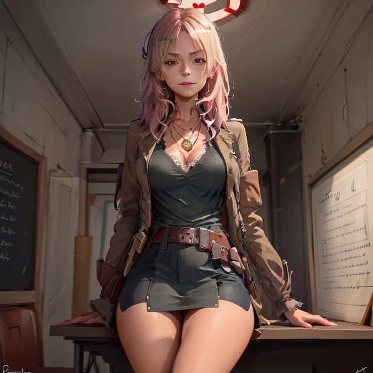  Attractive country girl, rosa Cowgirl-Outfit-Stil, Necklace）,  long blonde hair , Five toes per foot , long legs. Eye shadow. neon lighting,  exposed panties , , (Classroom:1.1),  slight smile , ((masterpiece)),(( best quality)), 